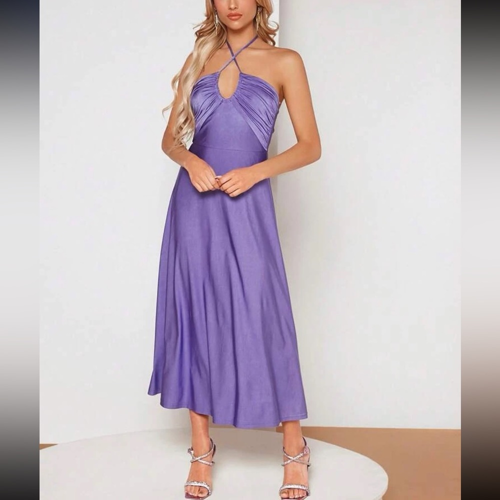 Purple Tie Backless Halter top ruched midi Dress